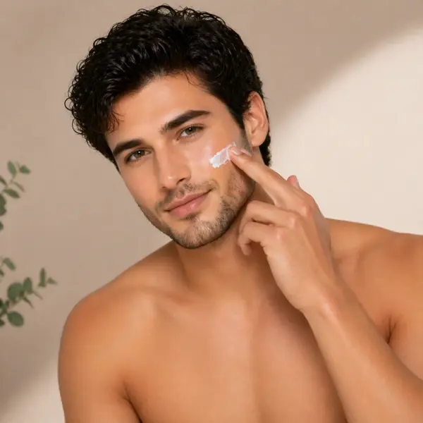 Man applying face cream for moisturized and healthy-looking skin Man applying face cream for moisturized and healthy-looking skin