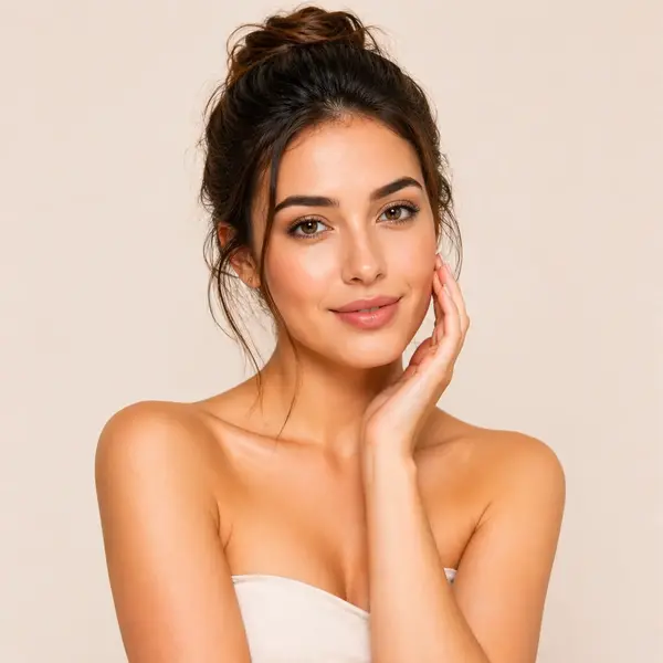 Woman with glowing and healthy-looking skin showcasing a skincare routine Woman with glowing and healthy-looking skin showcasing a skincare routine