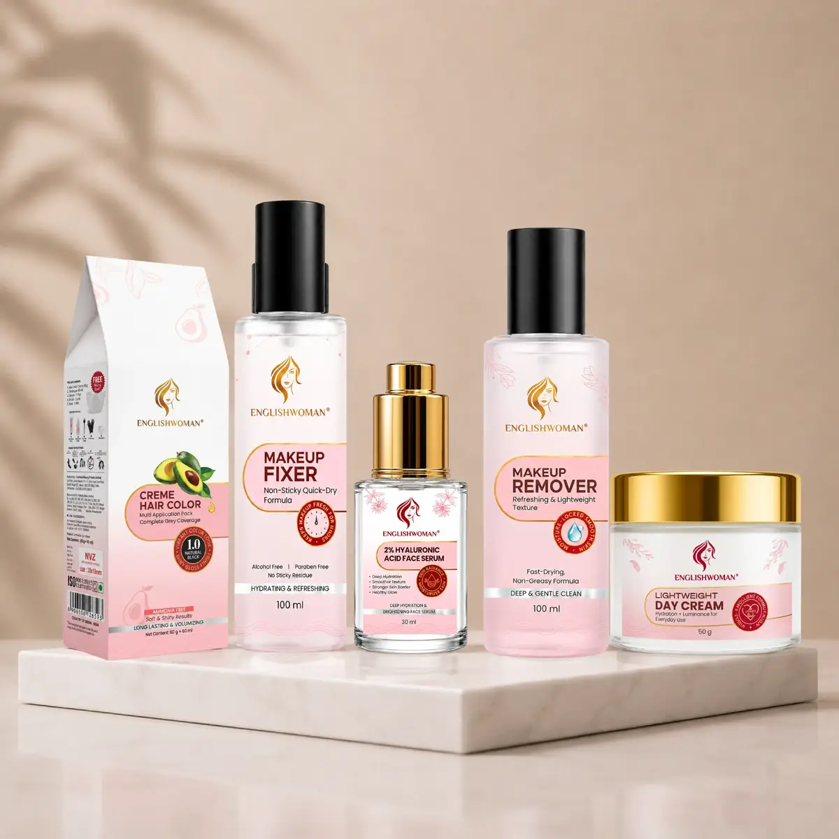 Englishwoman skincare and beauty products including makeup fixer, makeup remover, face serum and day cream