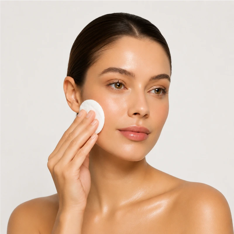 Woman gently applying skincare with a cotton pad for clean and radiant skin