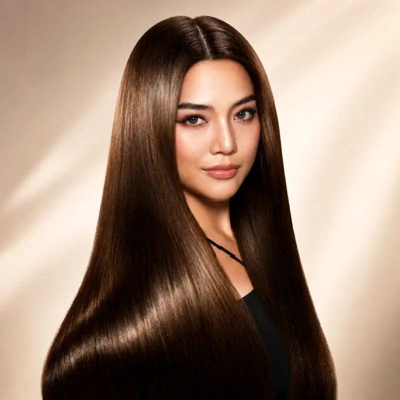 Woman with long, silky and shiny straight hair after hair color treatment